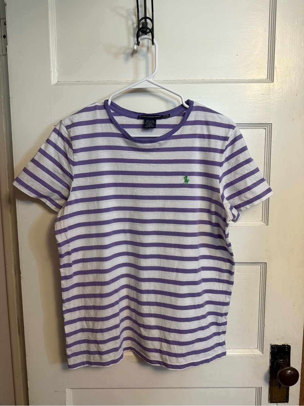 Ralph Lauren Sport white and purple striped t-shirt with green logo. Size XL
